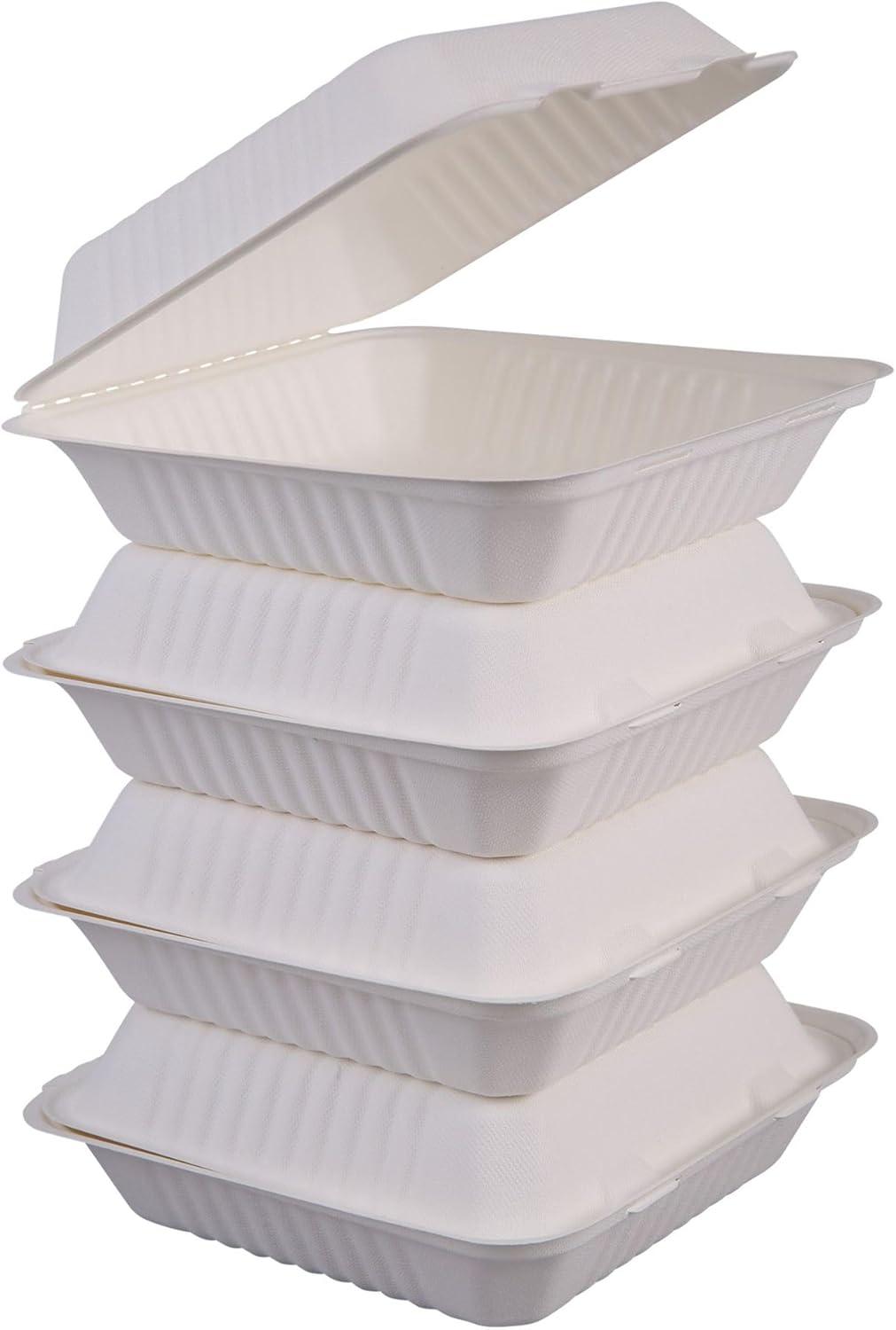 image:imageBoardwalk HINGEWF1CM9 Bagasse Molded Fiber Food Containers 9 x 9 White 1Section 100Sleeve 2 SLVCT