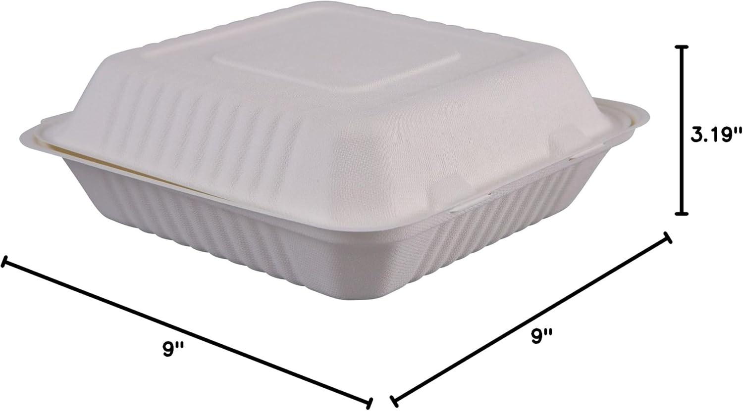image:imageBoardwalk HINGEWF1CM9 Bagasse Molded Fiber Food Containers 9 x 9 White 1Section 100Sleeve 2 SLVCT