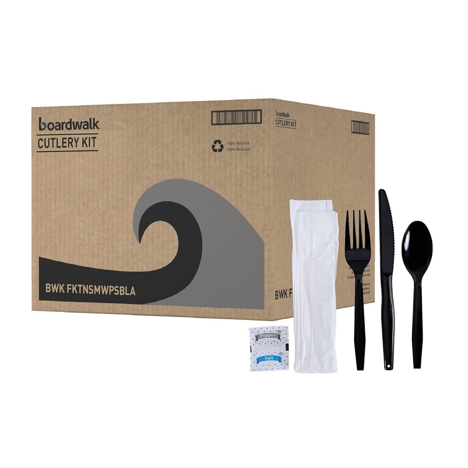 image:imageBoardwalk SixPiece Cutlery Kit CondimentForkKnifeNapkinTeaspoon Black 250Carton