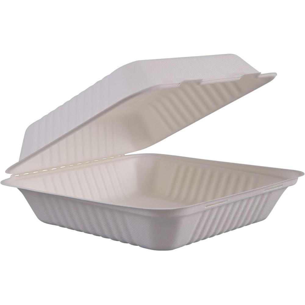 image:imageBoardwalk HINGEWF1CM9 Bagasse Molded Fiber Food Containers 9 x 9 White 1Section 100Sleeve 2 SLVCT