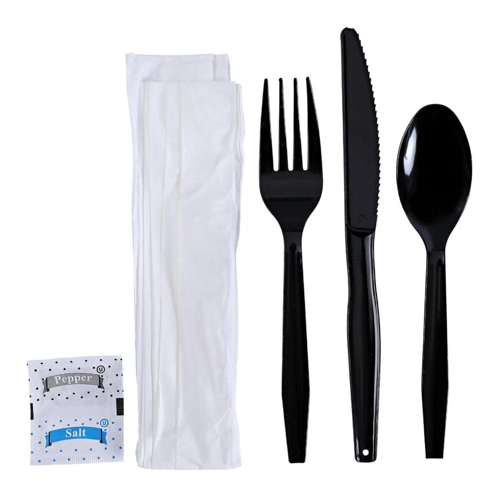 image:imageBoardwalk SixPiece Cutlery Kit CondimentForkKnifeNapkinTeaspoon Black 250Carton