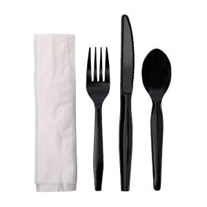Boardwalk Four-Piece Cutlery Kit, Fork/Knife/Napkin/Teaspoon, Black, 250/Carton