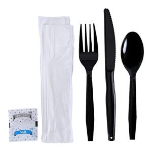 Boardwalk Six-Piece Cutlery Kit, Condiment/Fork/Knife/Napkin/Teaspoon, Black, 250/Carton